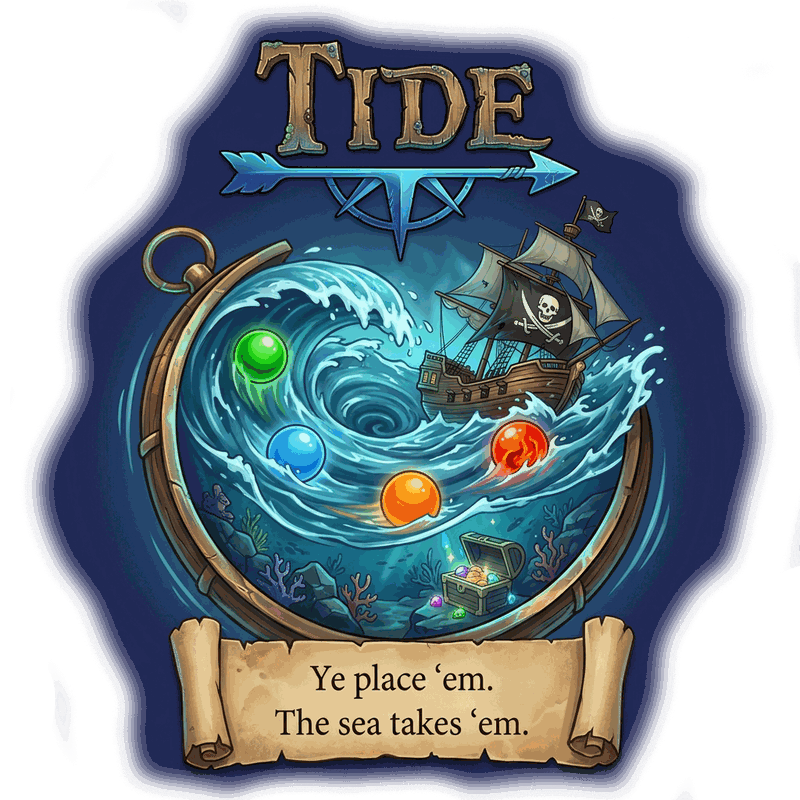 Tide artwork: a pirate ship caught in a whirlpool of coloured stones